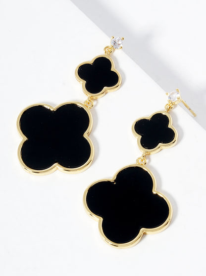 18K Gold Dipped CZ Stone Double Quatrefoil Drop Dangle Post Earrings