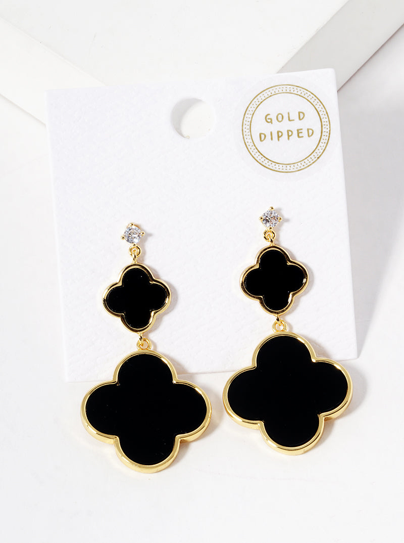 18K Gold Dipped CZ Stone Double Quatrefoil Drop Dangle Post Earrings