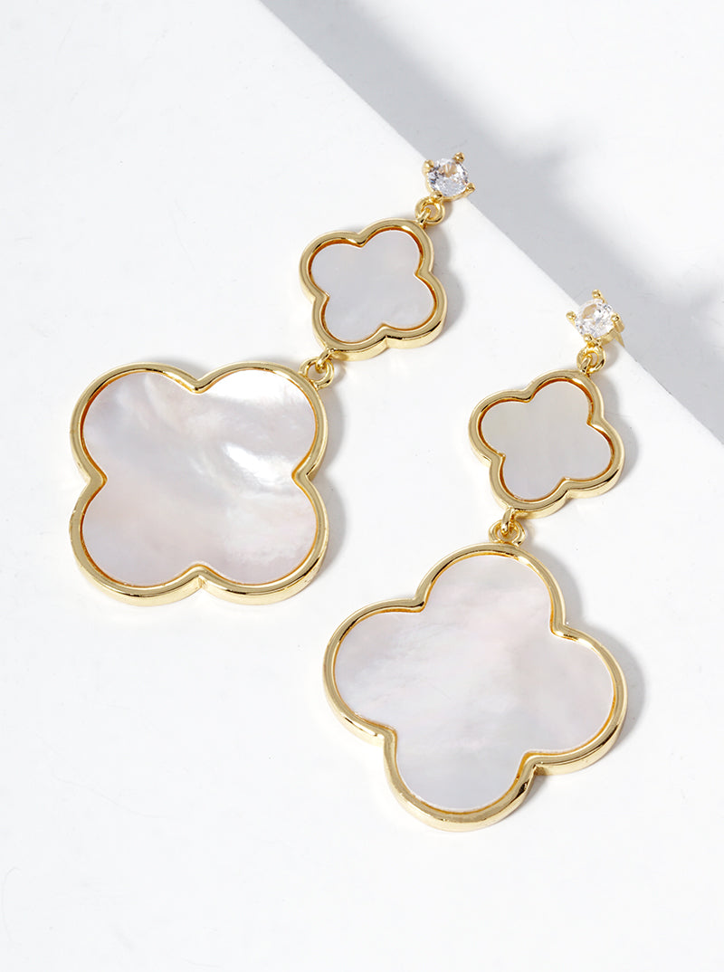 18K Gold Dipped CZ Stone Double Quatrefoil Drop Dangle Post Earrings