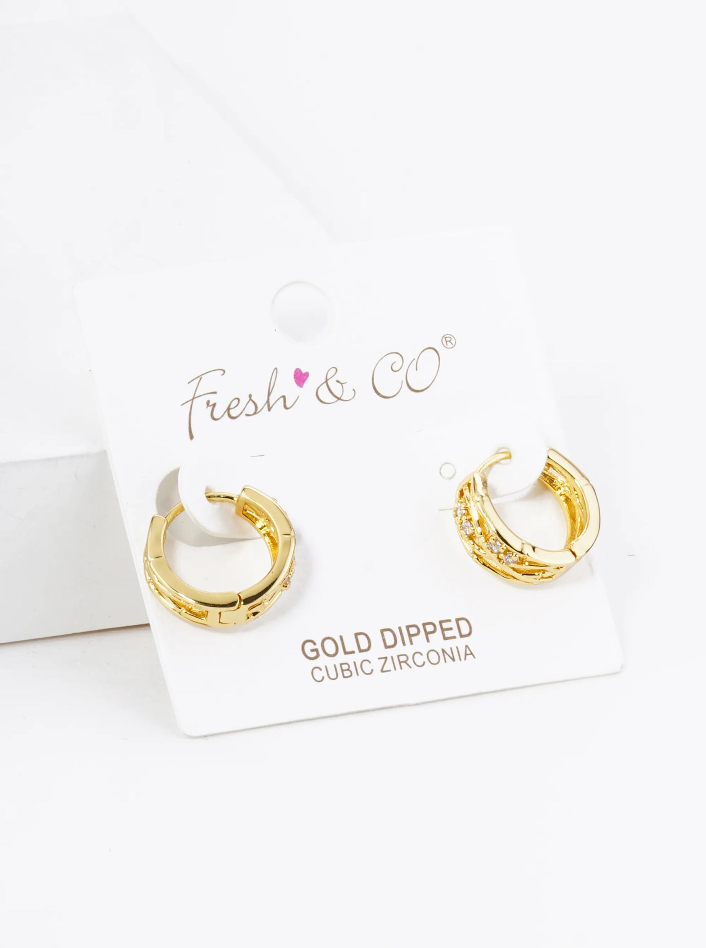 18K Gold Dipped CZ Stone Filigree 15mm Brass Huggie Hoop Earrings