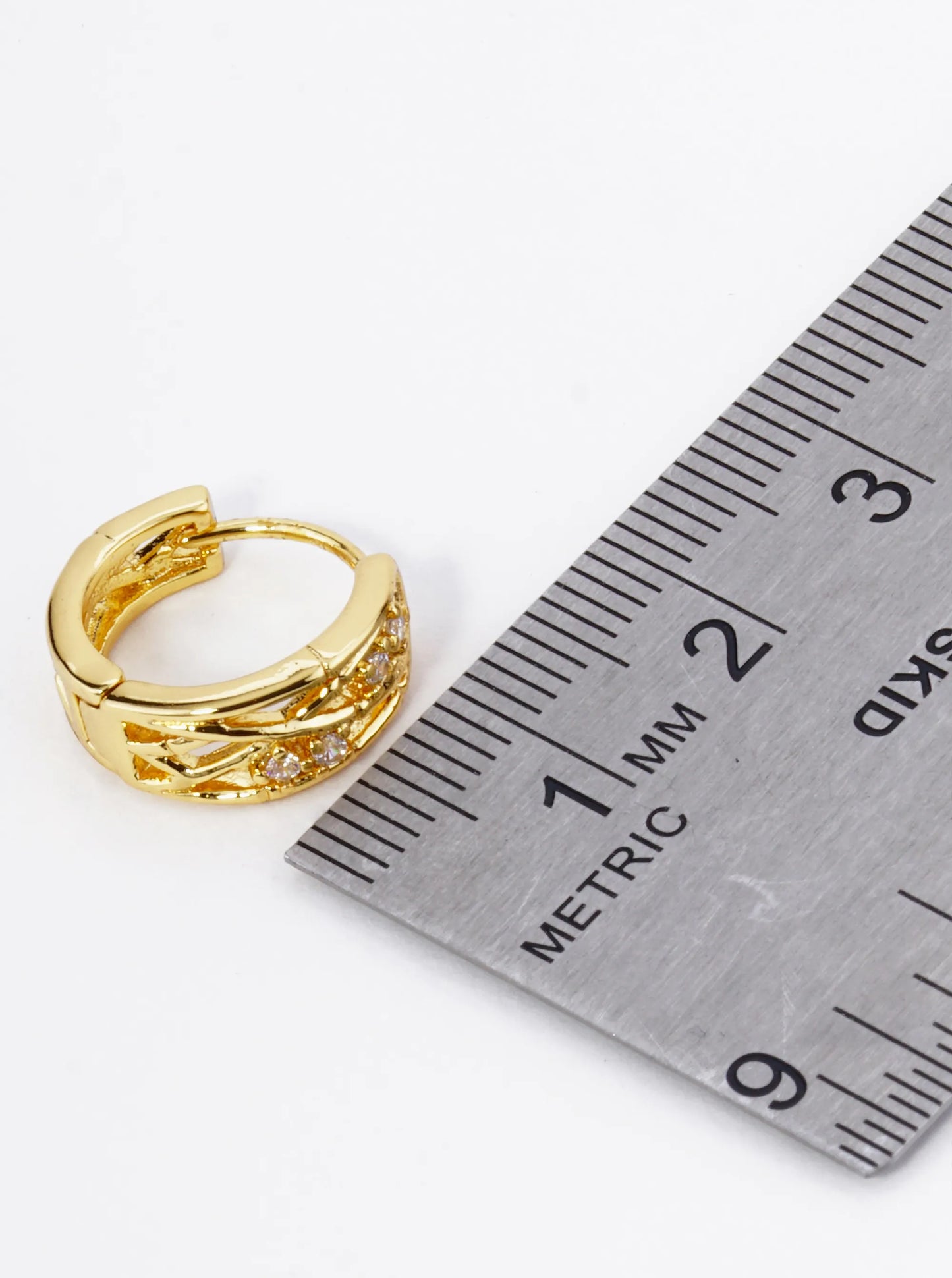 18K Gold Dipped CZ Stone Filigree 15mm Brass Huggie Hoop Earrings