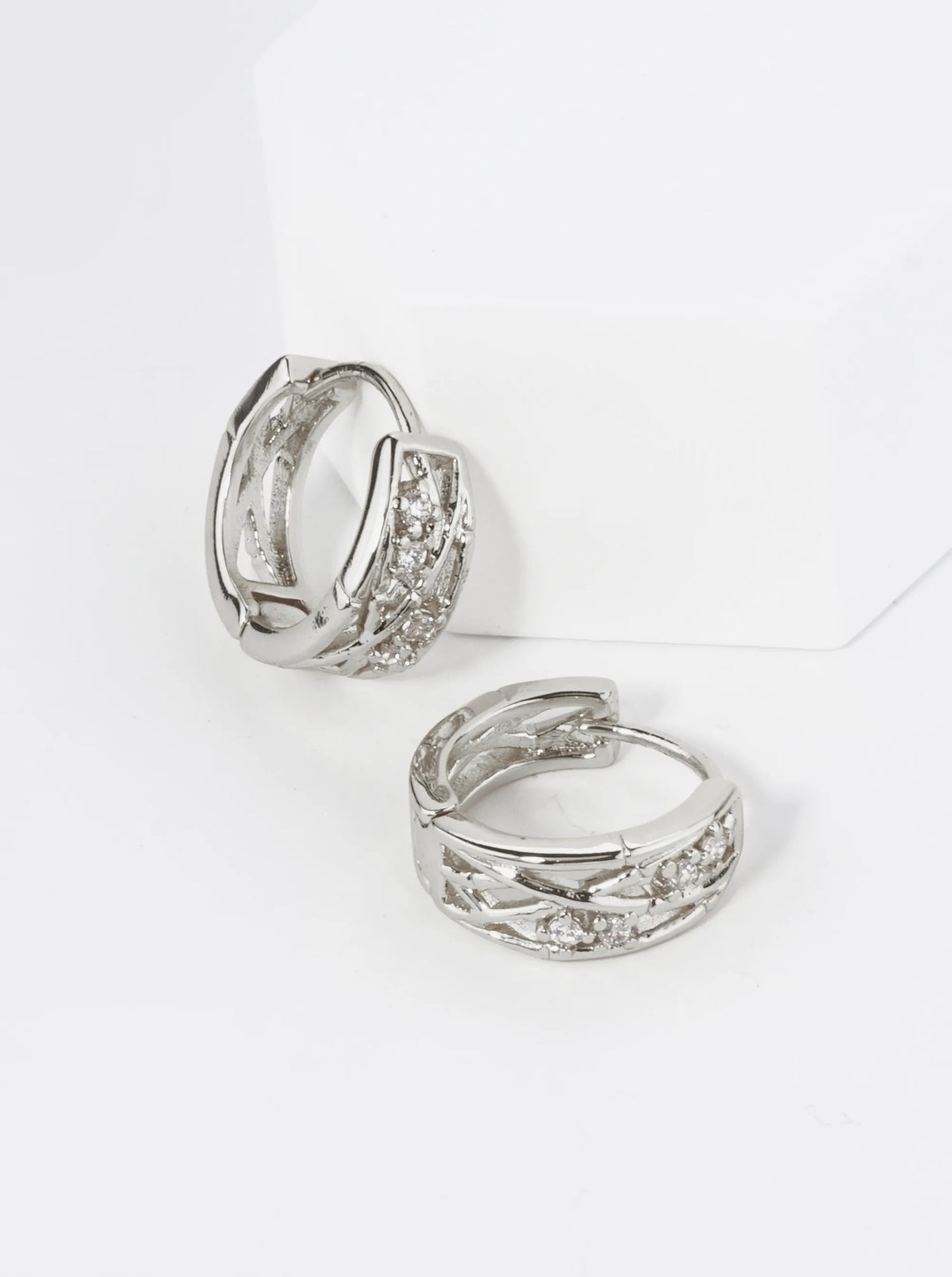 18K Gold Dipped CZ Stone Filigree 15mm Brass Huggie Hoop Earrings