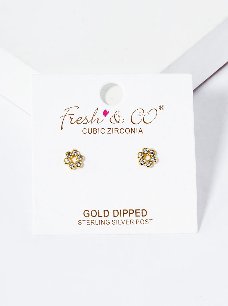18K Gold Dipped CZ Stone Flower Post Stud Earrings
