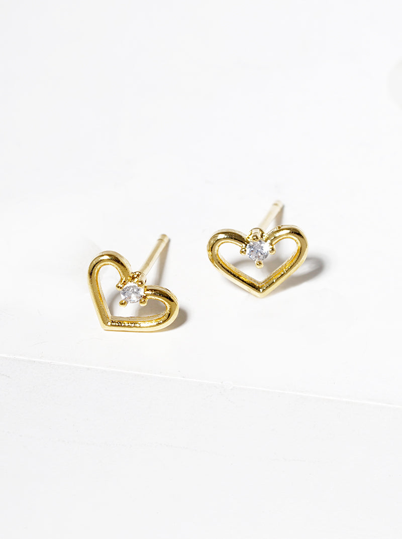 18K Gold Dipped CZ Stone Heart Post Stud Earrings