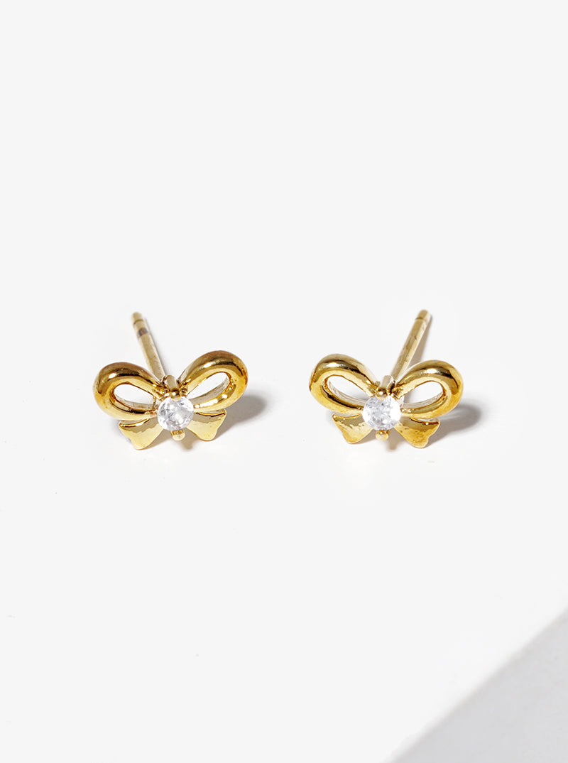 18K Gold Dipped CZ Stone Ribbon Bow Post Stud Earrings