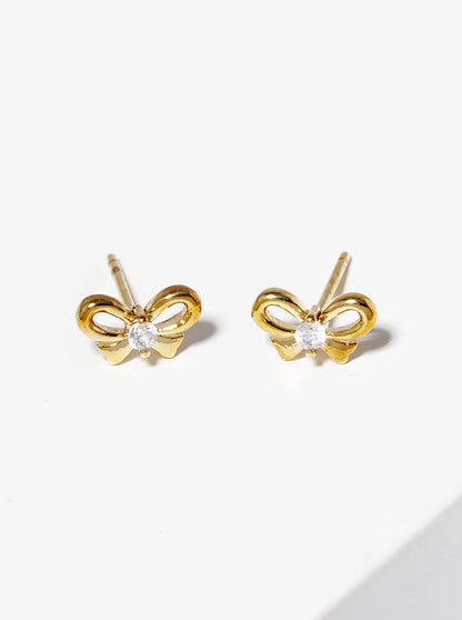 18K Gold Dipped CZ Stone Ribbon Bow Post Stud Earrings