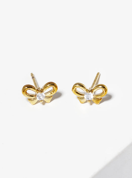 18K Gold Dipped CZ Stone Ribbon Bow Post Stud Earrings