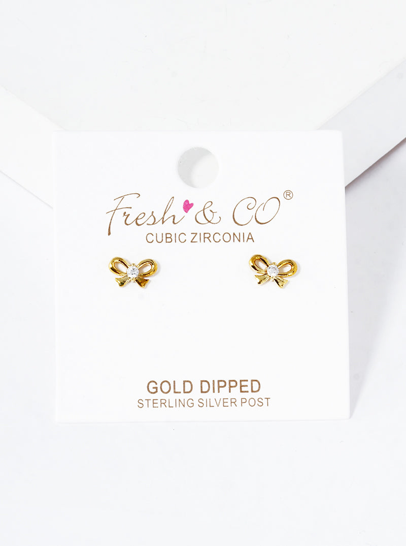 18K Gold Dipped CZ Stone Ribbon Bow Post Stud Earrings