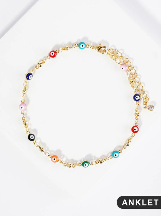 18K Gold Dipped Colorful Evil Eye Charms Brass Chain Anklet