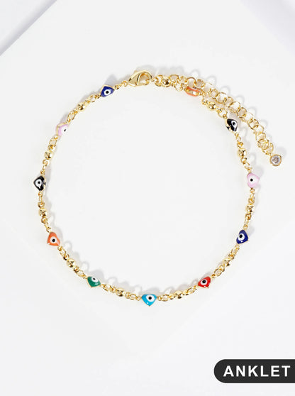 18K Gold Dipped Colorful Heart Evil Eye Charms Brass Chain Anklet