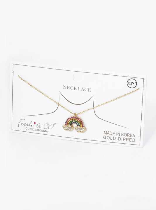 18K Gold Dipped Colorful Pave Set Cubic Zirconia Rainbow Pendant Necklace
