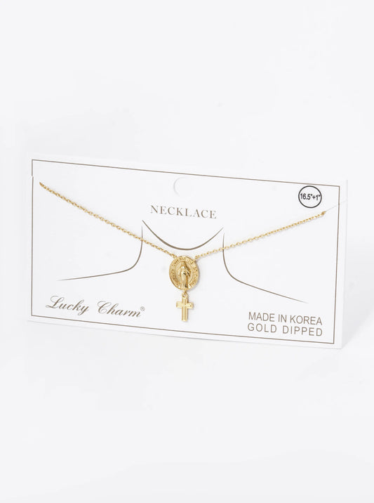 18K Gold Dipped Cross Drop Oval Miraculous Medal Religious Pendant Necklace