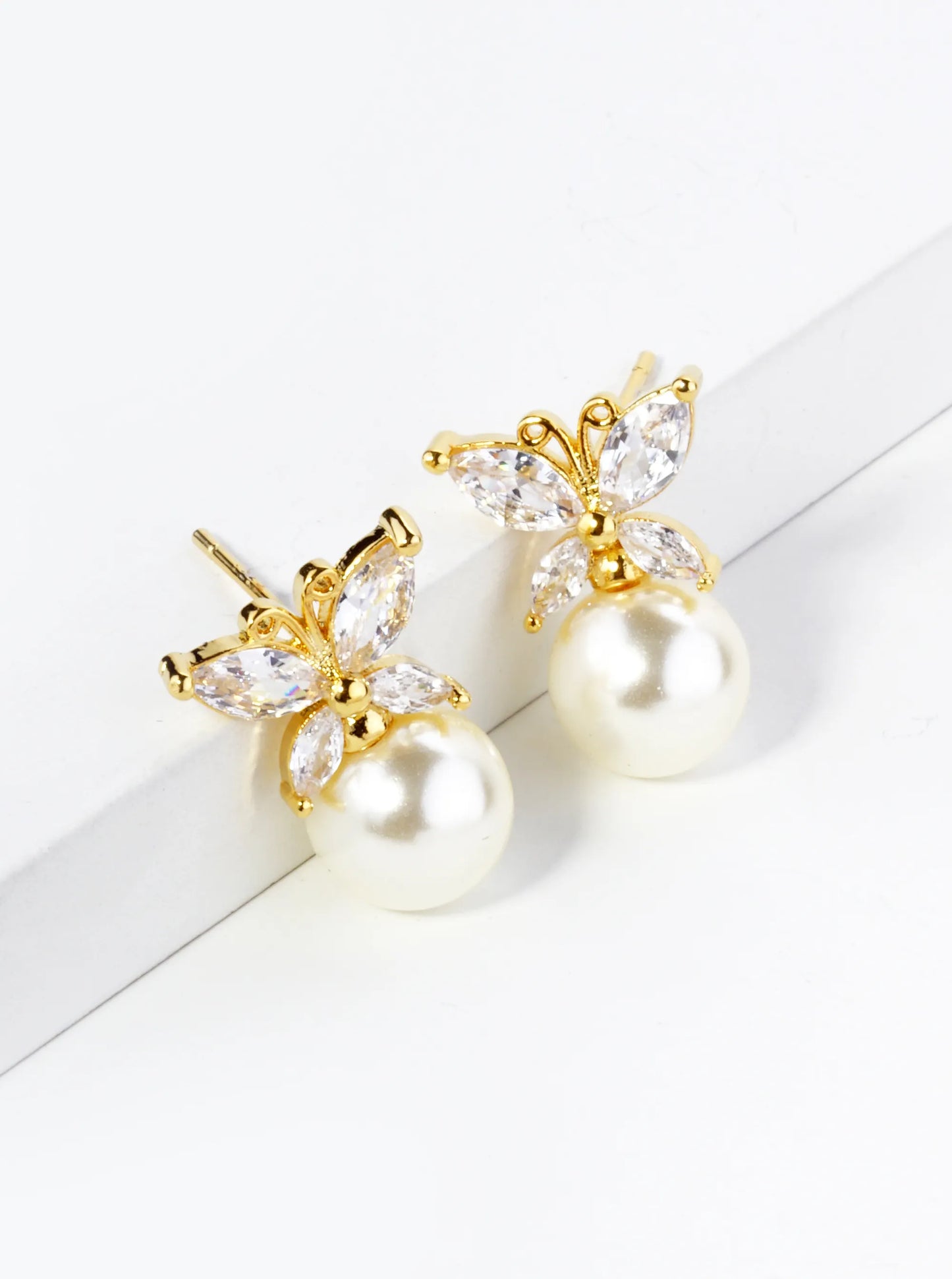 18K Gold Dipped Cubic Zirconia Butterfly Sitting On 8mm Pearl Stud Earrings
