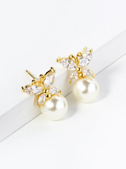 18K Gold Dipped Cubic Zirconia Butterfly Sitting On 8mm Pearl Stud Earrings