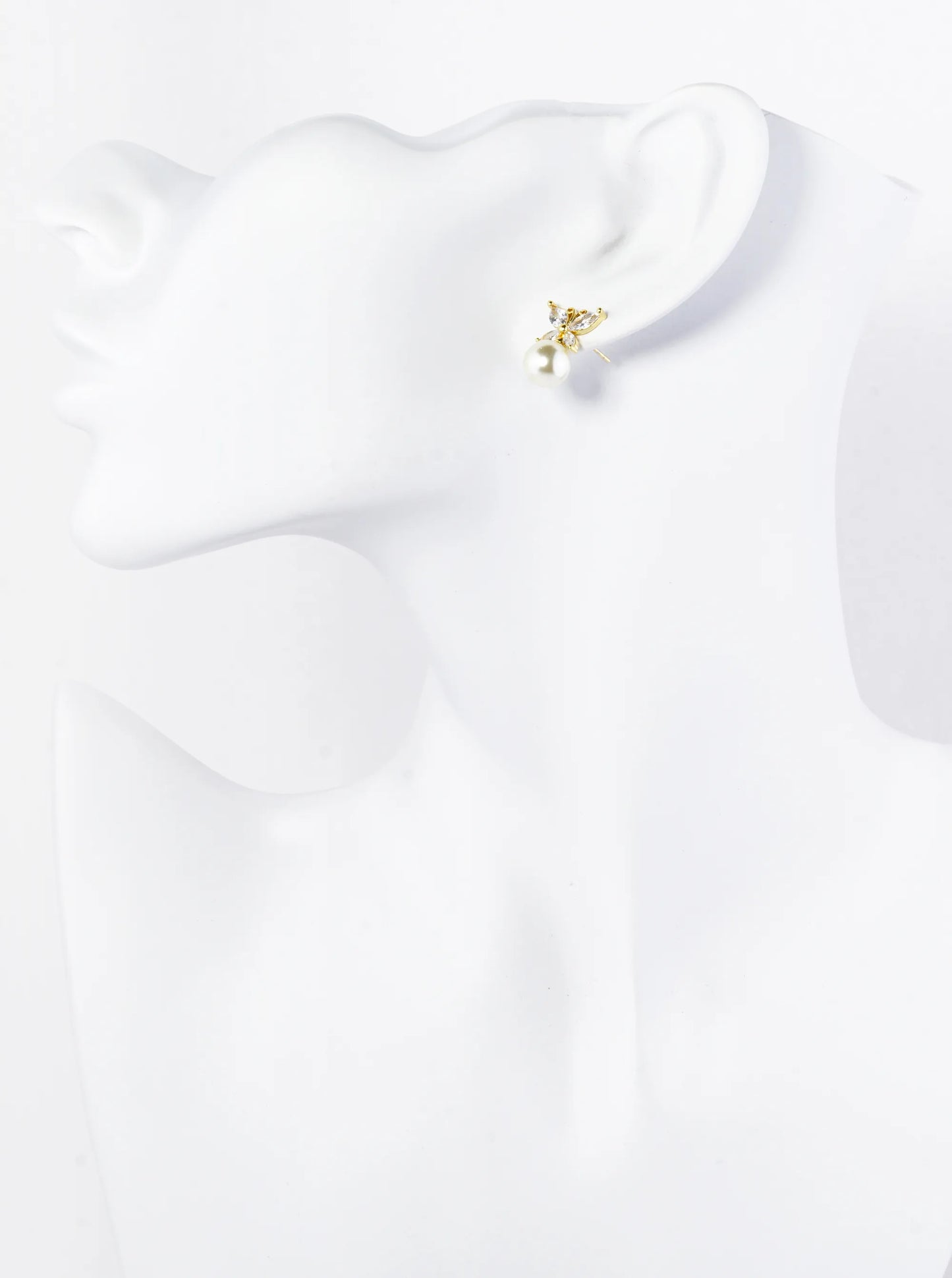 18K Gold Dipped Cubic Zirconia Butterfly Sitting On 8mm Pearl Stud Earrings