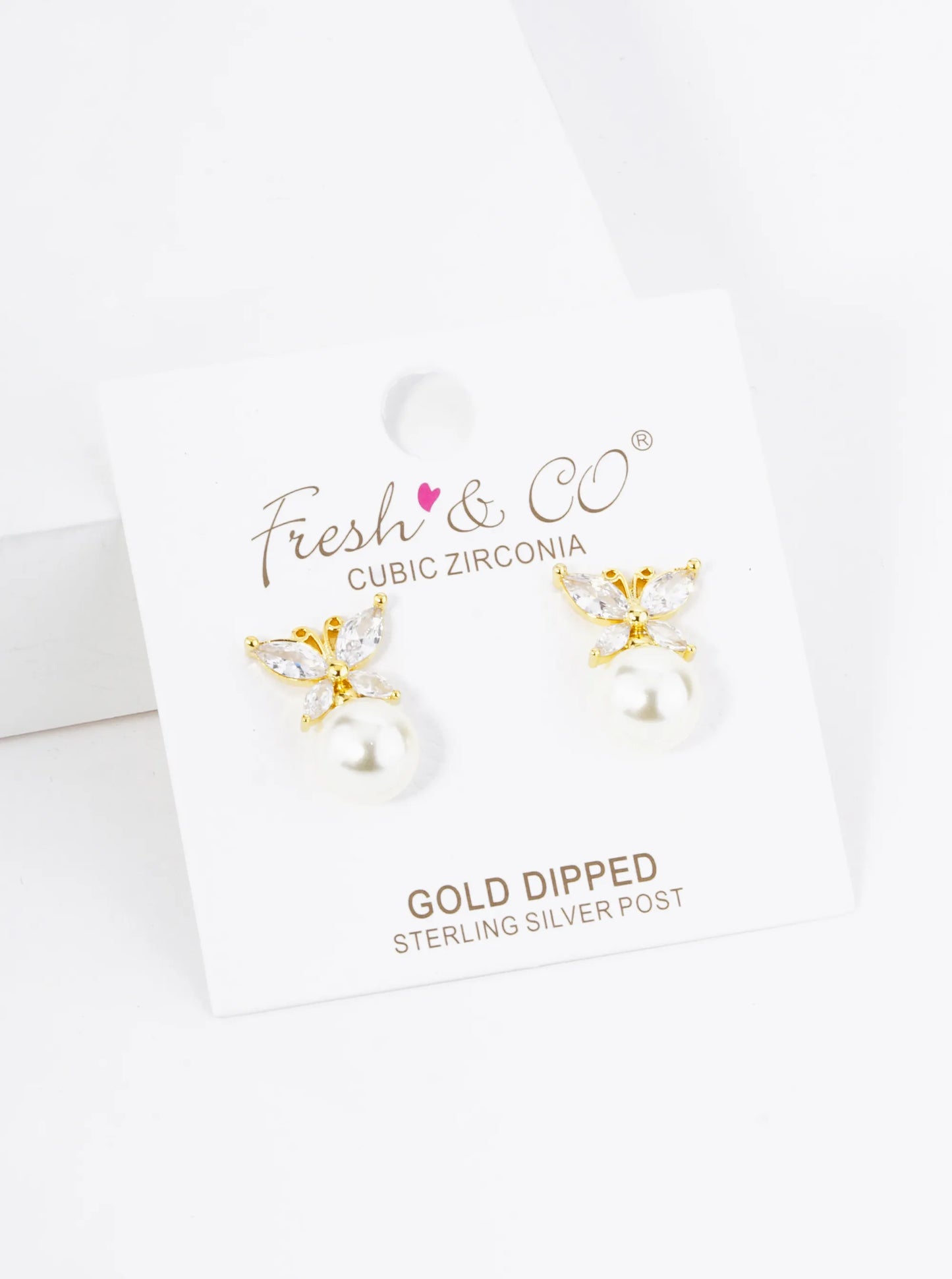 18K Gold Dipped Cubic Zirconia Butterfly Sitting On 8mm Pearl Stud Earrings