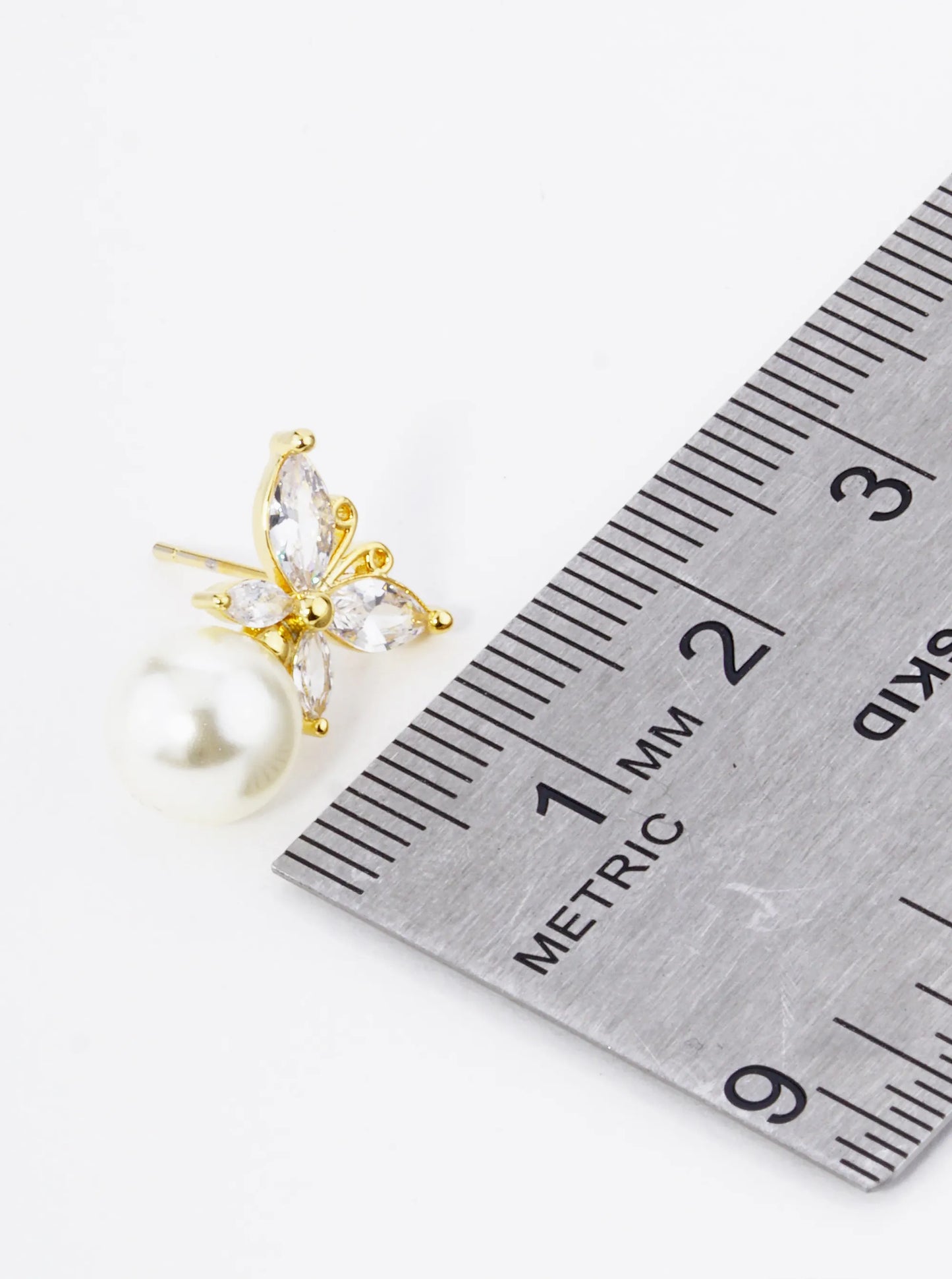 18K Gold Dipped Cubic Zirconia Butterfly Sitting On 8mm Pearl Stud Earrings