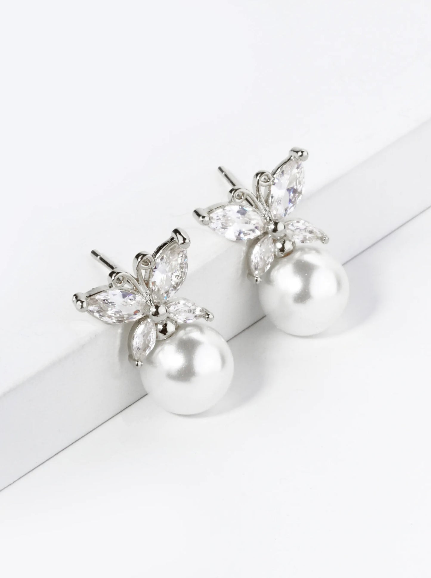 18K Gold Dipped Cubic Zirconia Butterfly Sitting On 8mm Pearl Stud Earrings