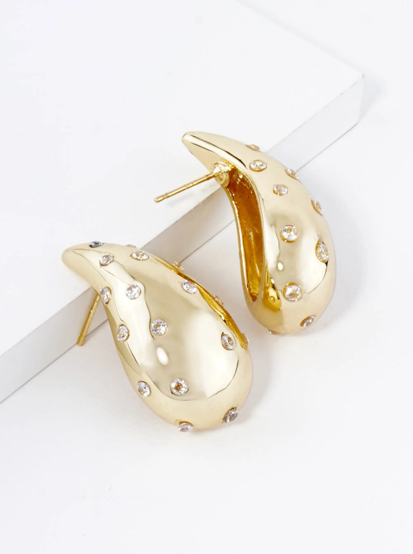 18K Gold Dipped Cubic Zirconia Embedded Puffy Teardrop Stud Earrings