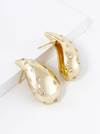 18K Gold Dipped Cubic Zirconia Embedded Puffy Teardrop Stud Earrings