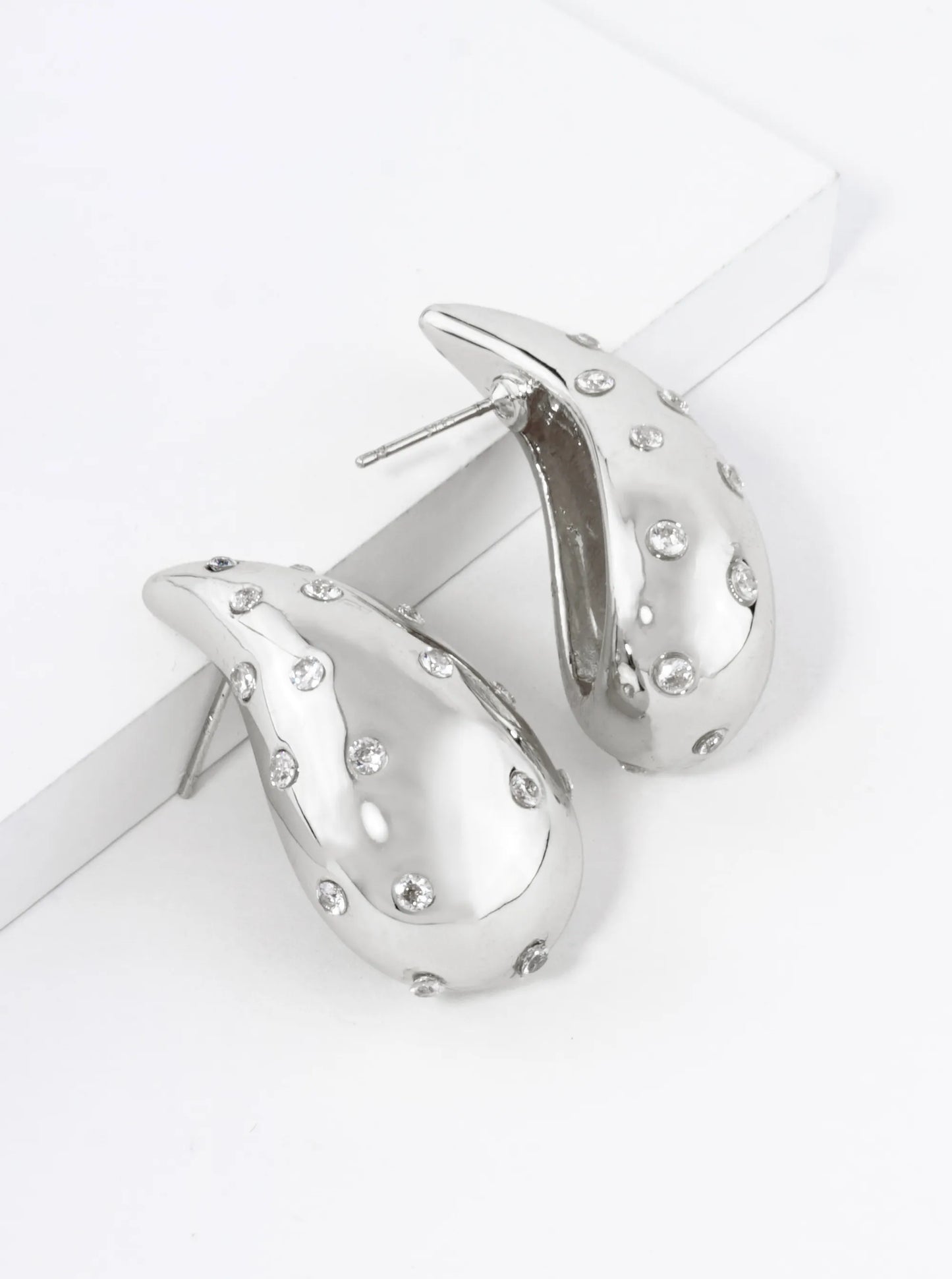 18K Gold Dipped Cubic Zirconia Embedded Puffy Teardrop Stud Earrings