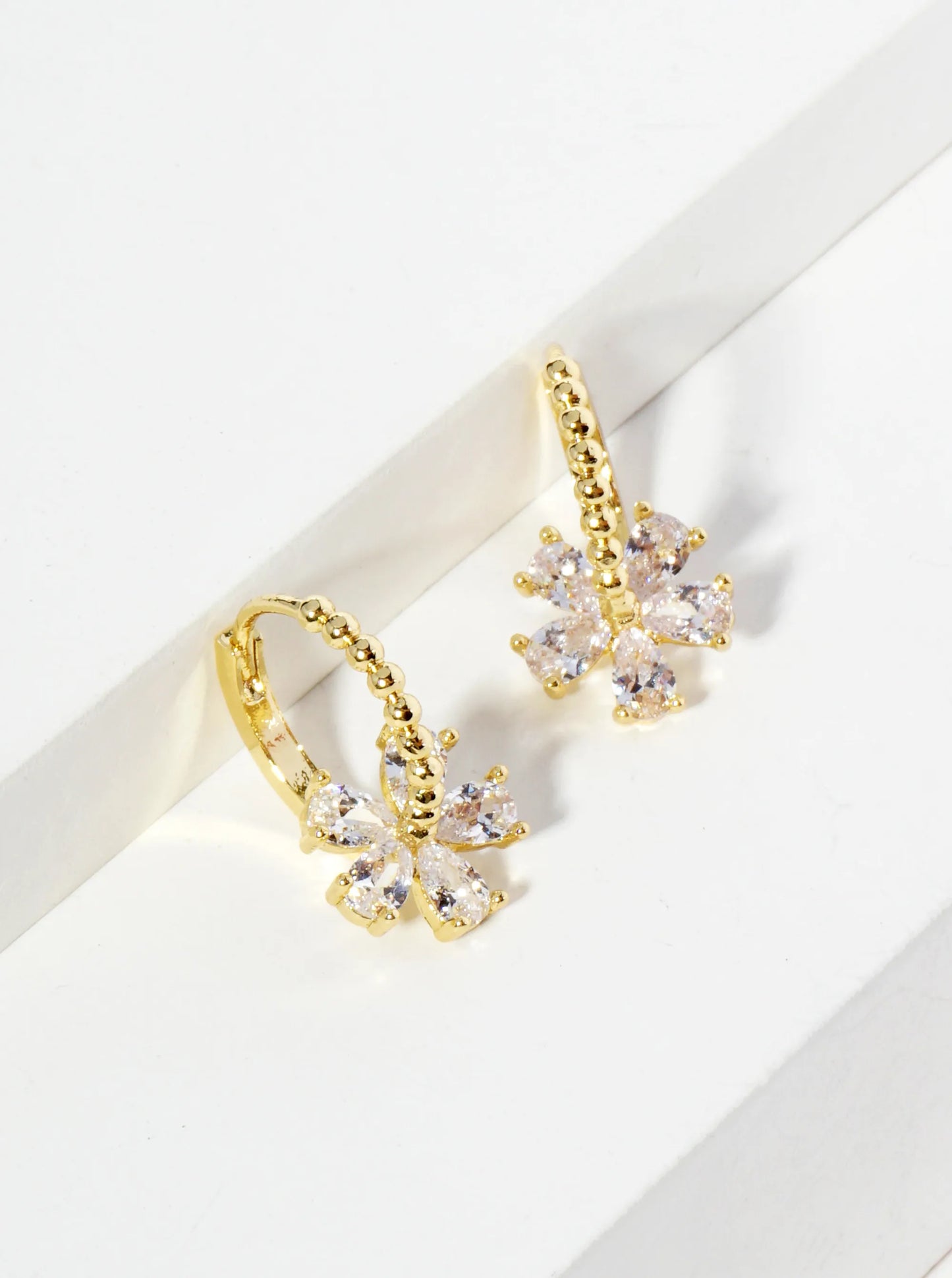18K Gold Dipped Cubic Zirconia Flower Drop 12mm Huggie Hoop Earrings