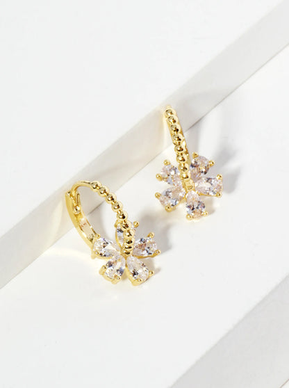 18K Gold Dipped Cubic Zirconia Flower Drop 12mm Huggie Hoop Earrings