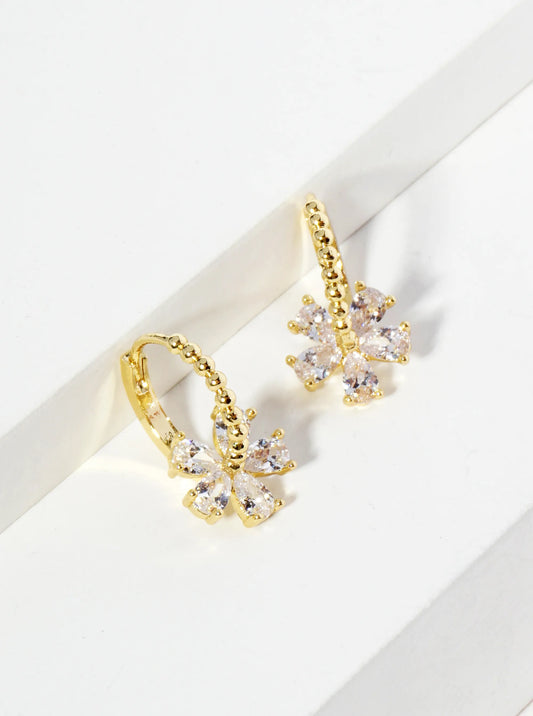18K Gold Dipped Cubic Zirconia Flower Drop 12mm Huggie Hoop Earrings