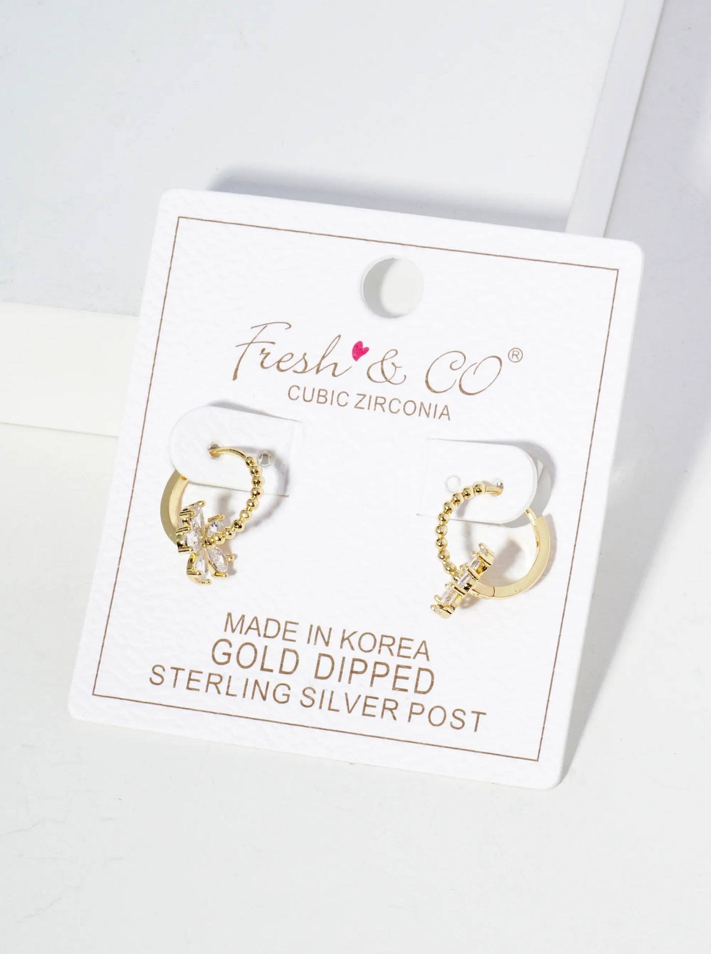 18K Gold Dipped Cubic Zirconia Flower Drop 12mm Huggie Hoop Earrings