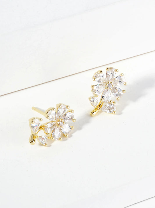 18K Gold Dipped Cubic Zirconia Flower Stud Earrings