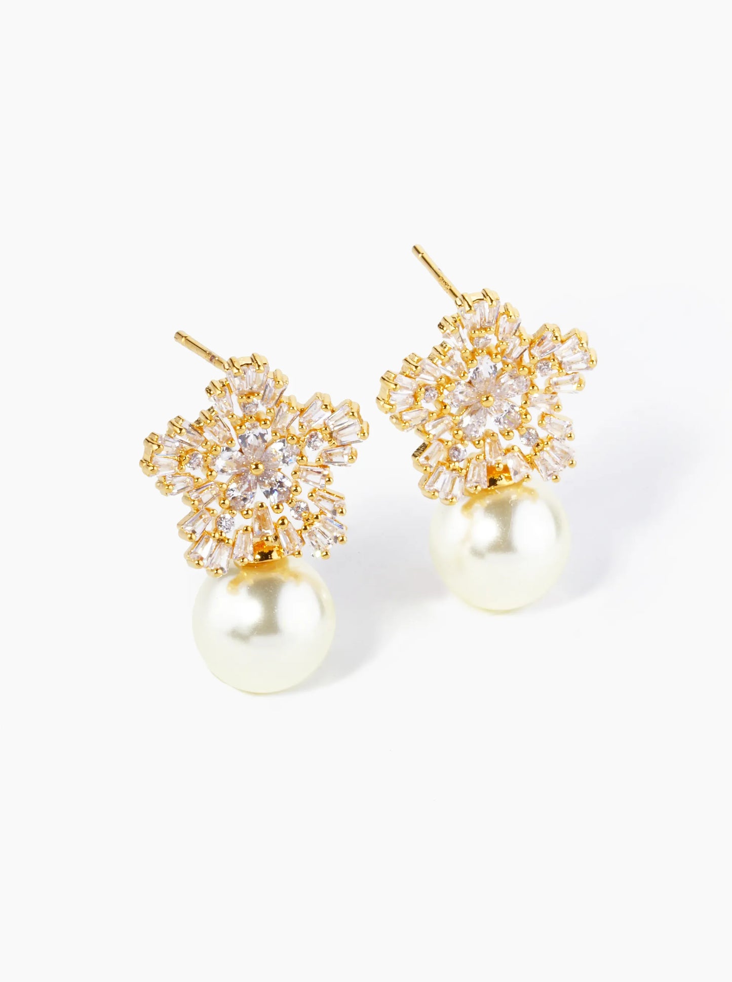 18K Gold Dipped Cubic Zirconia Flower With 10mm Pearl Stud Earrings