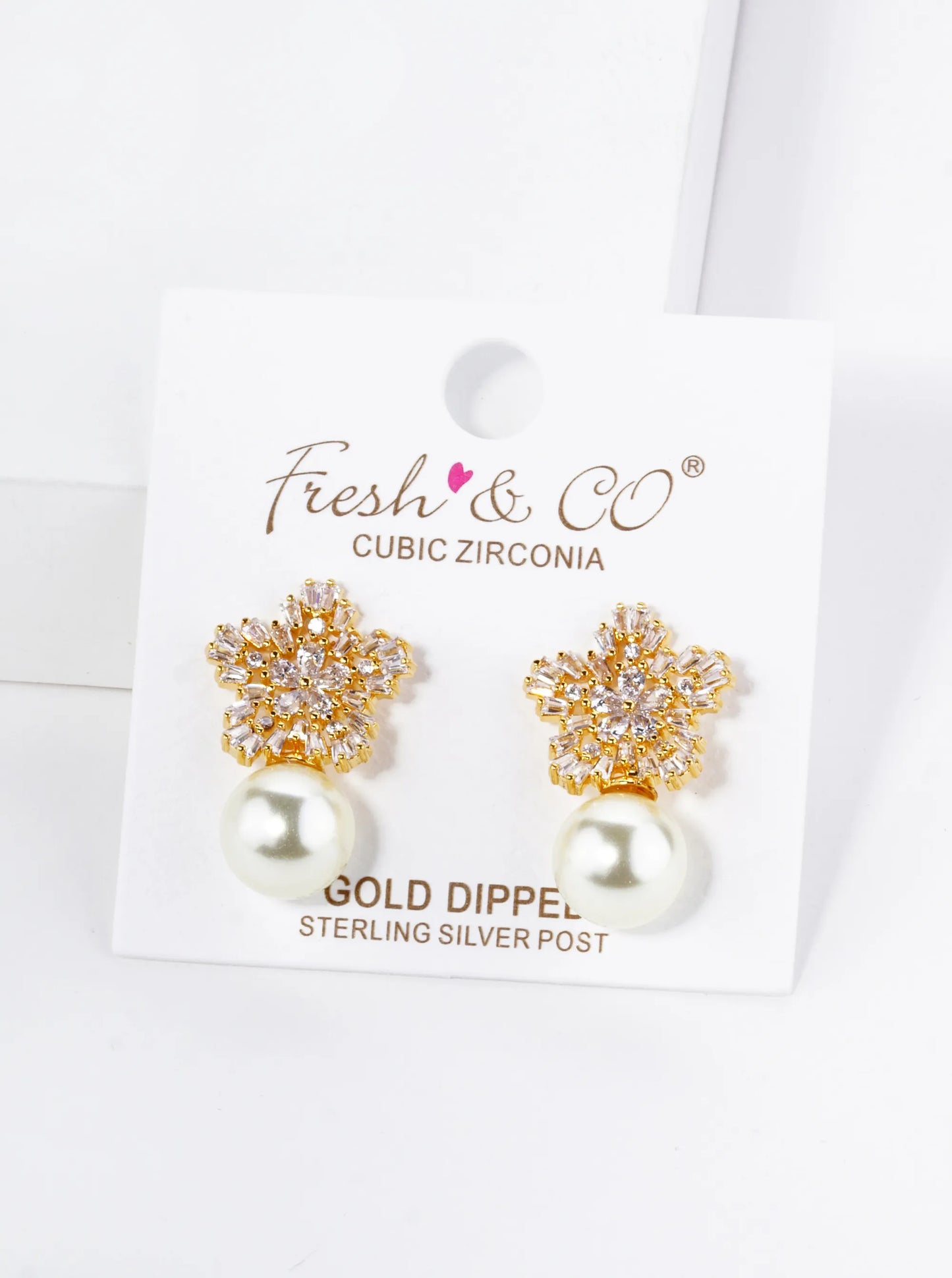 18K Gold Dipped Cubic Zirconia Flower With 10mm Pearl Stud Earrings
