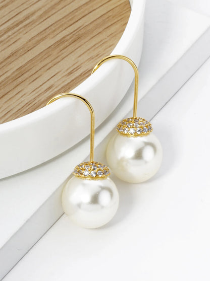 18K Gold Dipped Cubic Zirconia Pave 10mm Pearl Drop Earrings