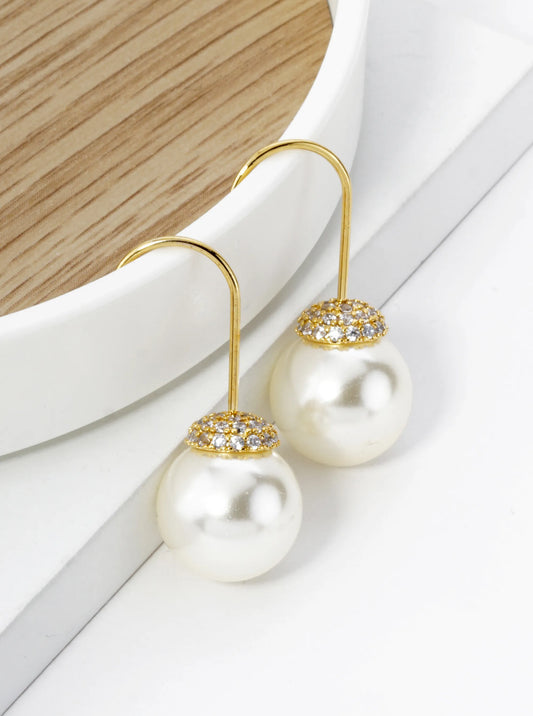 18K Gold Dipped Cubic Zirconia Pave 10mm Pearl Drop Earrings