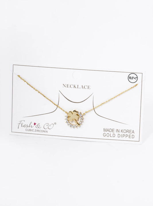 18K Gold Dipped Cubic Zirconia Pave Circle With Clover Pendant Necklace