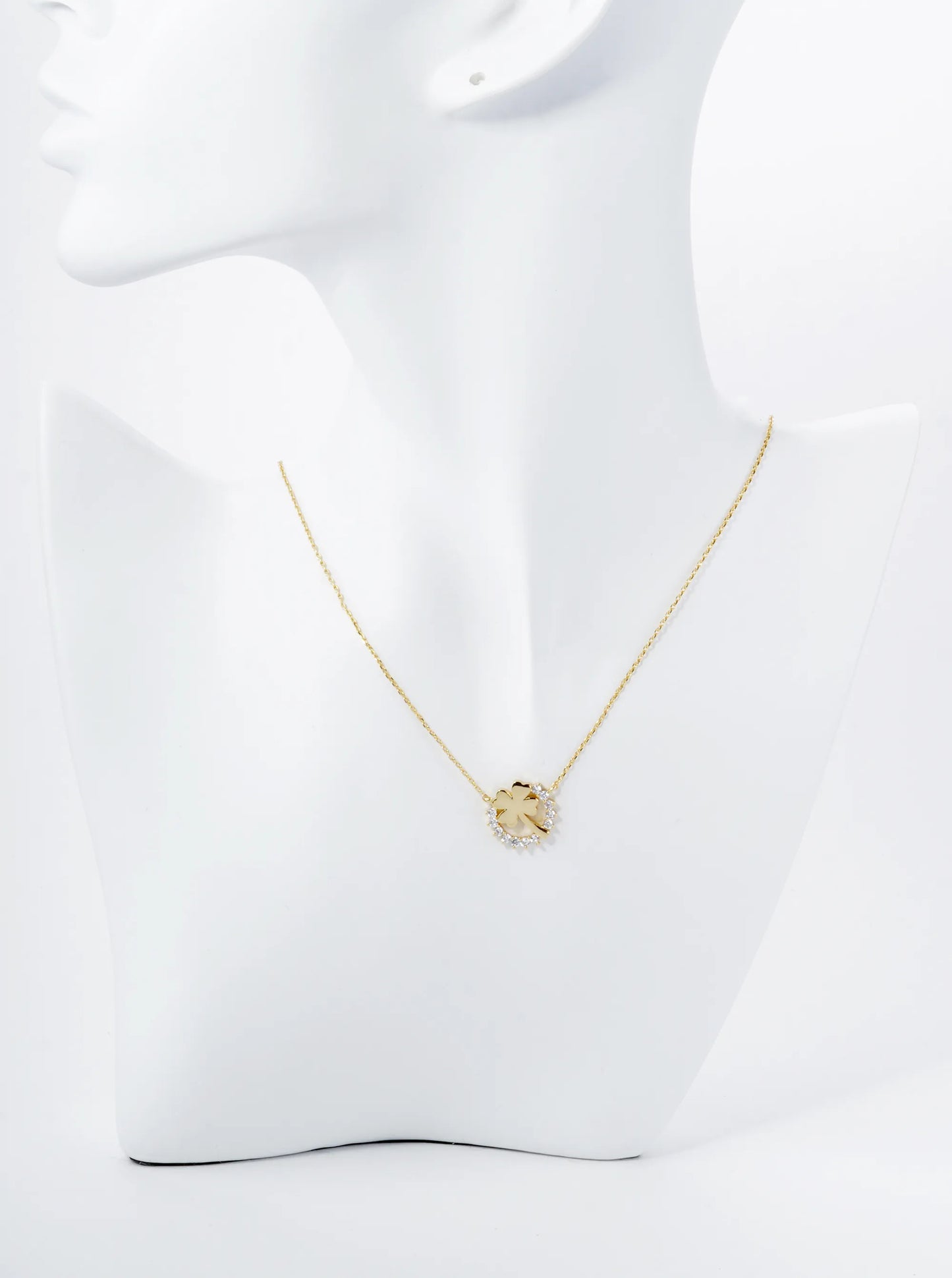 18K Gold Dipped Cubic Zirconia Pave Circle With Clover Pendant Necklace