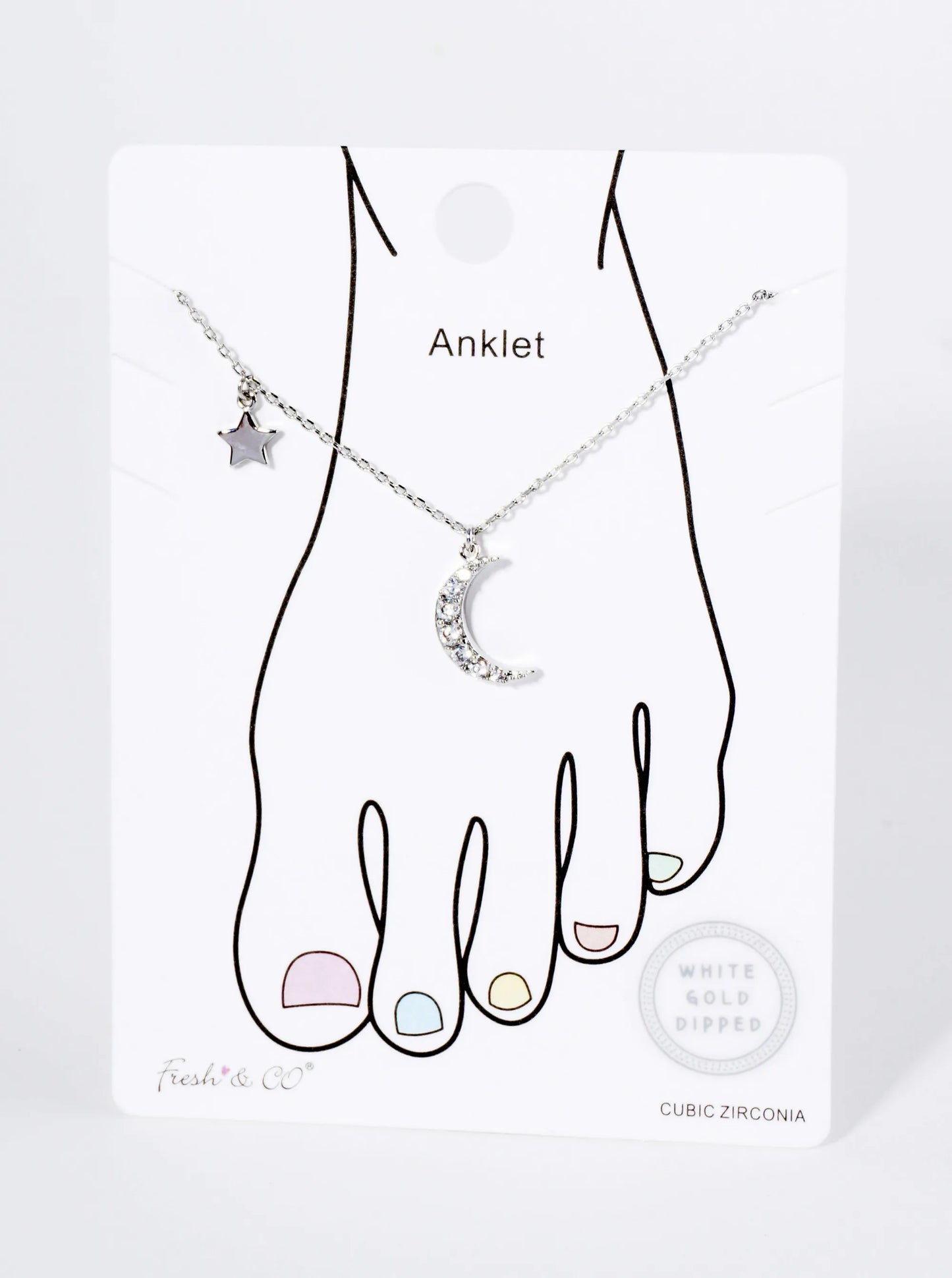 18K Gold Dipped Cubic Zirconia Pave Crescent Moon And Star Brass Chain Anklet