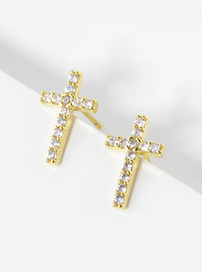 18K Gold Dipped Cubic Zirconia Pave Cross Stud Earrings