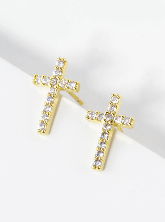 18K Gold Dipped Cubic Zirconia Pave Cross Stud Earrings