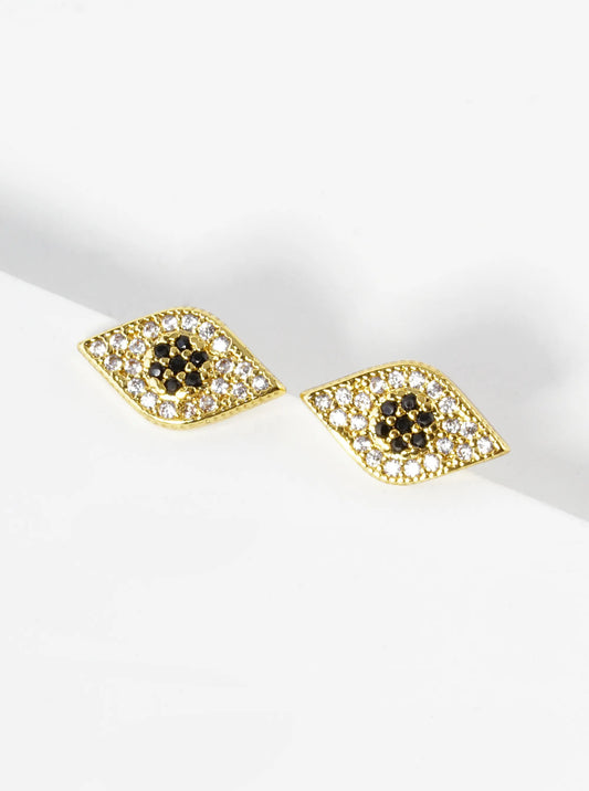 18K Gold Dipped Cubic Zirconia Pave Evil Eye Stud Earrings