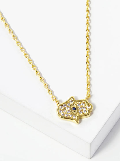18K Gold Dipped Cubic Zirconia Pave Hamsa Pendant Necklace