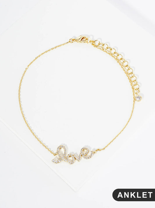 18K Gold Dipped Cubic Zirconia Pave Handwriting Love Brass Chain Anklet
