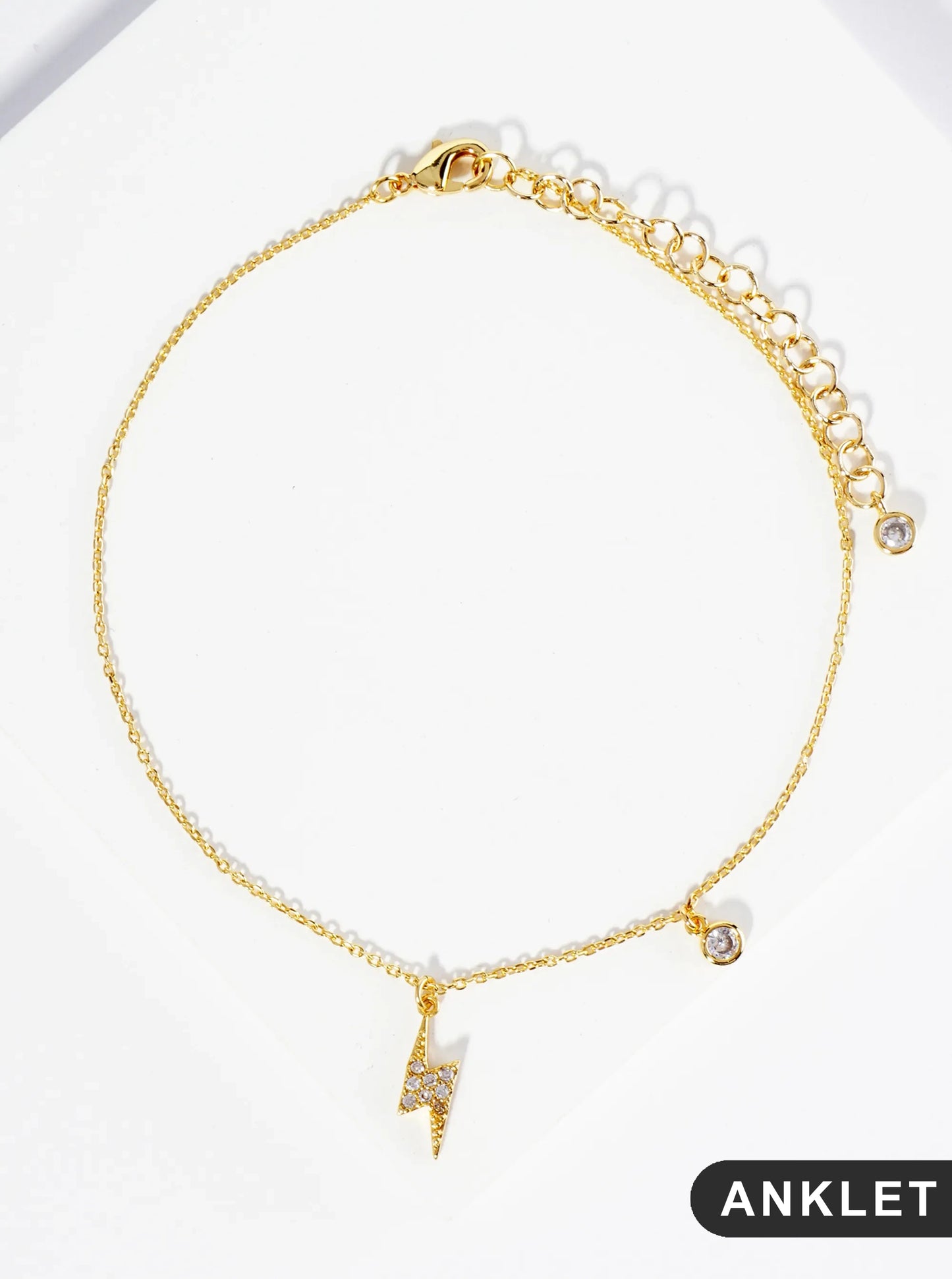 18K Gold Dipped Cubic Zirconia Pave Lightning Charm Brass Chain Anklet