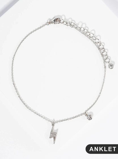 18K Gold Dipped Cubic Zirconia Pave Lightning Charm Brass Chain Anklet