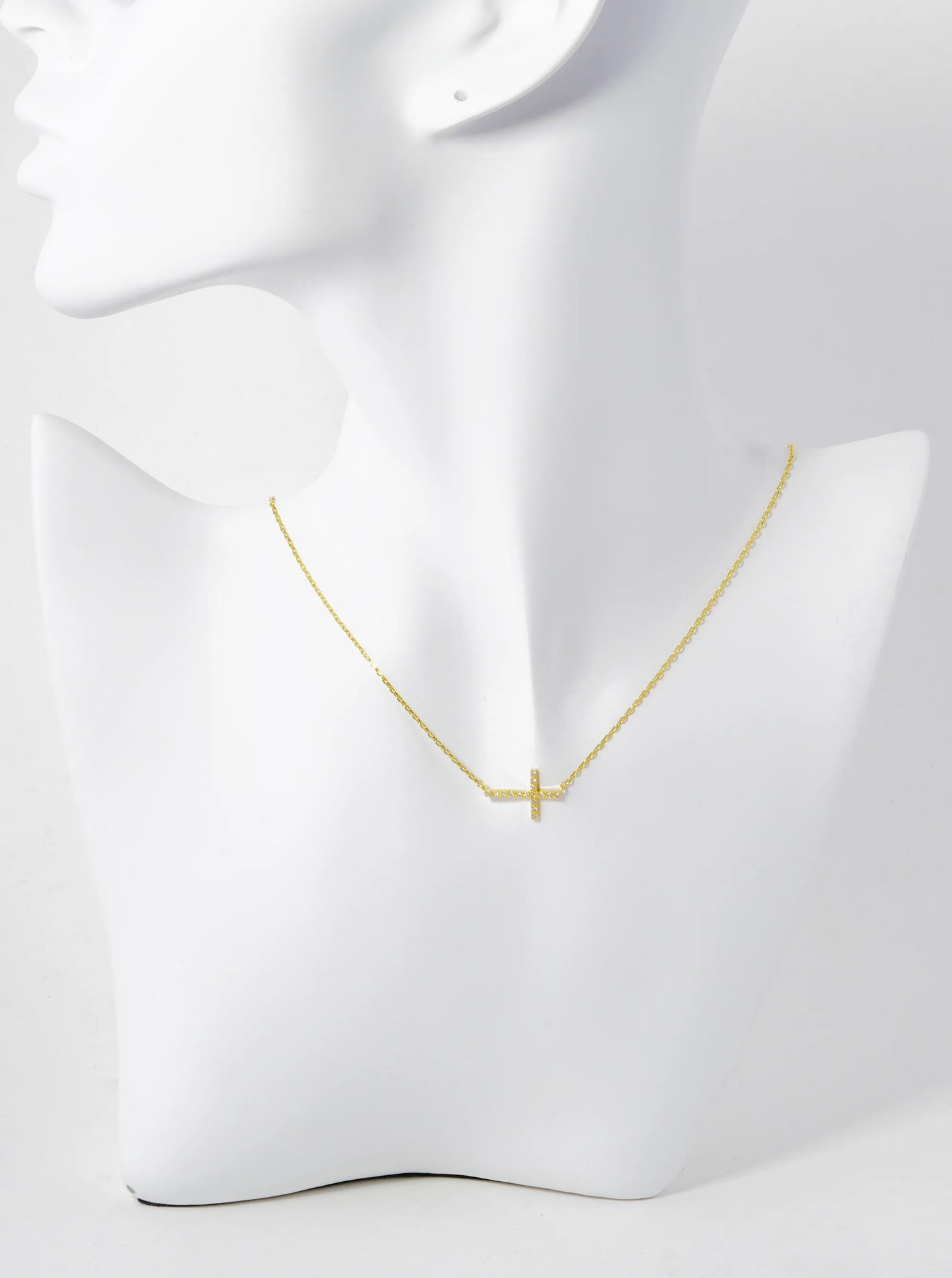 18K Gold Dipped Cubic Zirconia Pave Sideways Cross Pendant Necklace