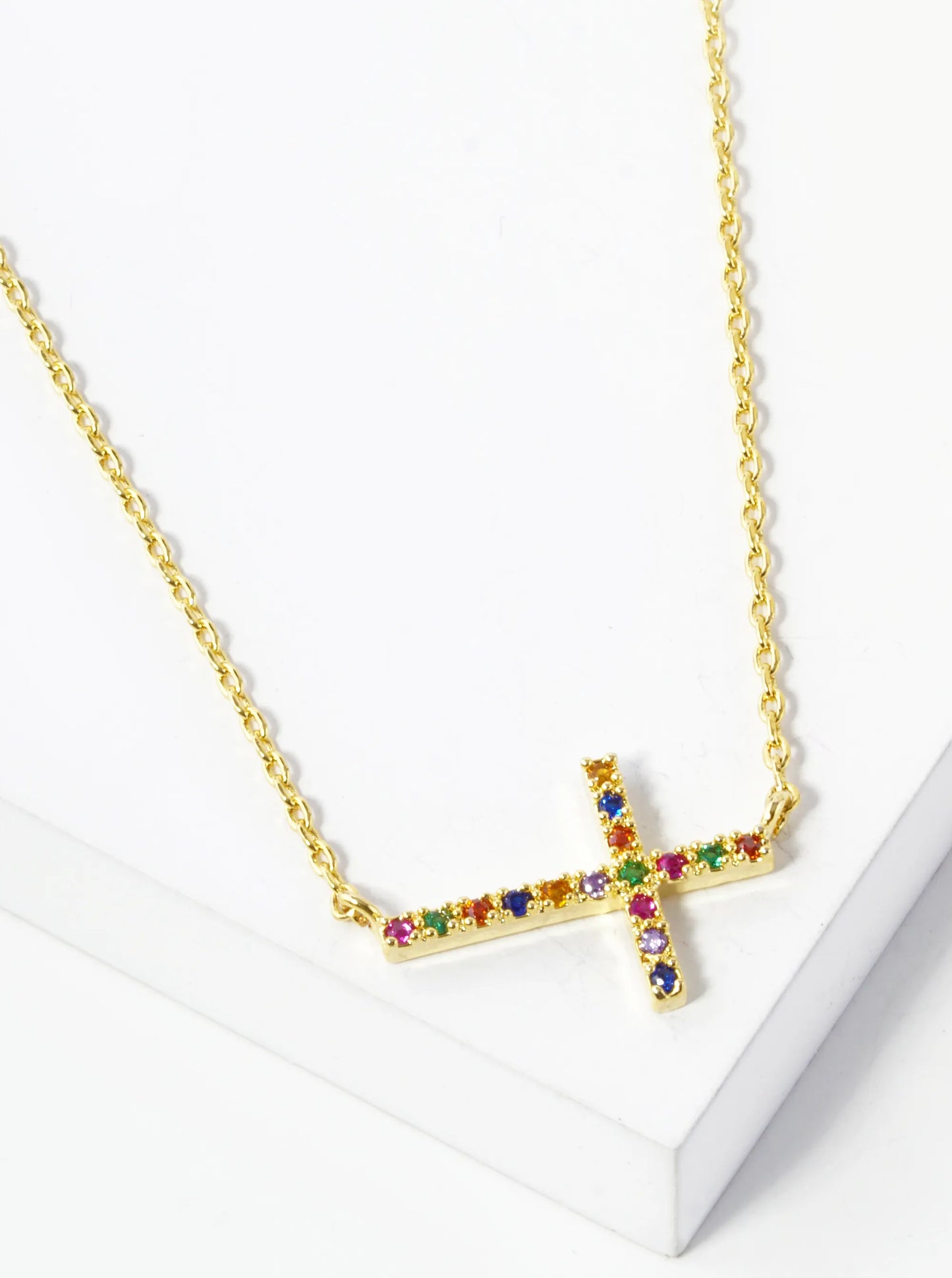 18K Gold Dipped Cubic Zirconia Pave Sideways Cross Pendant Necklace