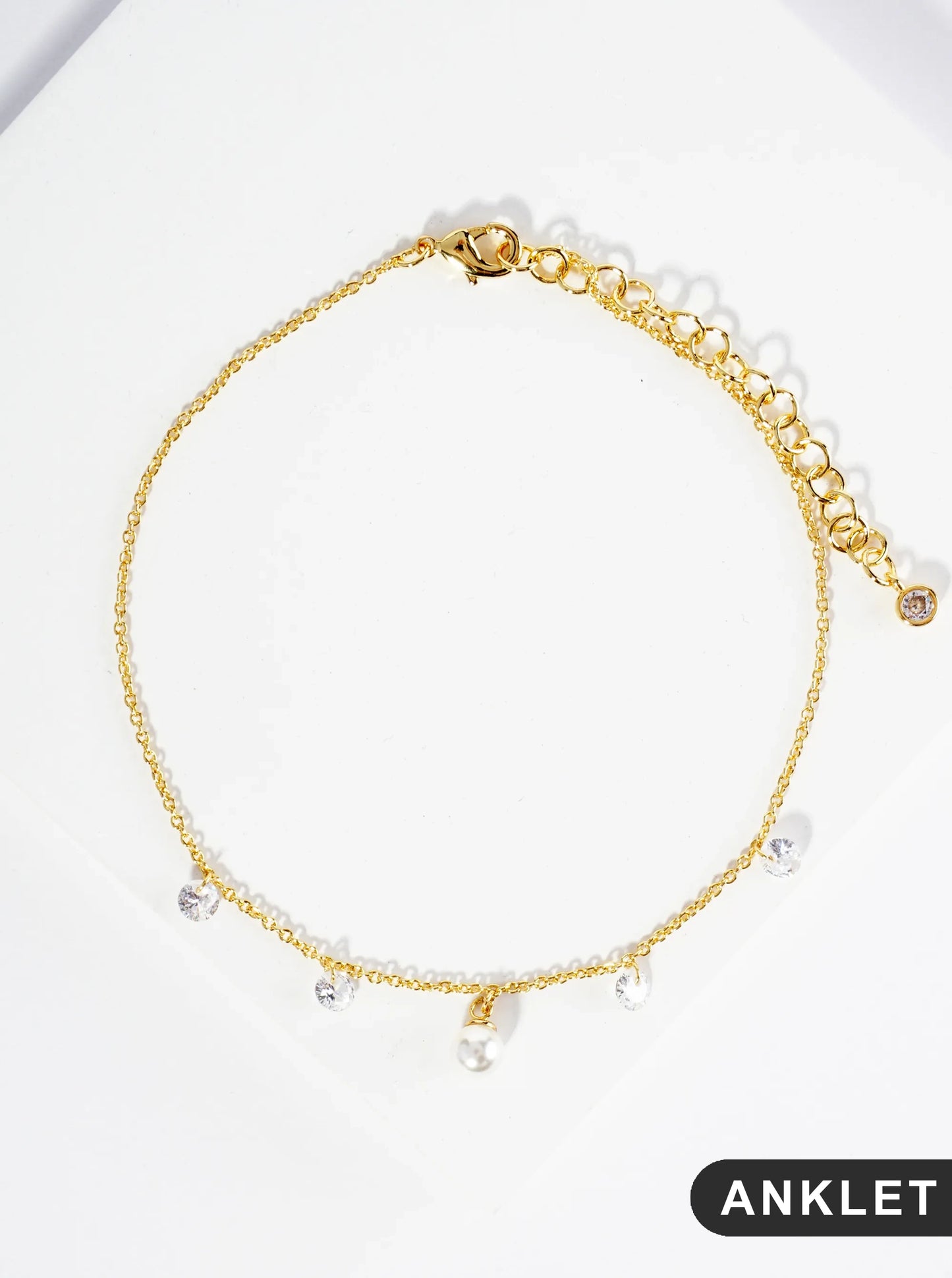 18K Gold Dipped Cubic Zirconia Pearl Bead Charm Brass Chain Anklet