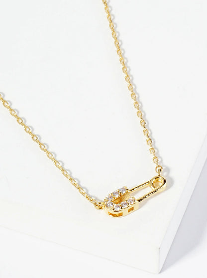 18K Gold Dipped Cubic Zirconia Petite Safety Pin Pendant Necklace