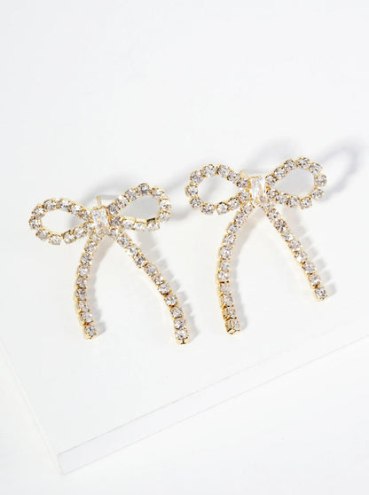 18K Gold Dipped Cubic Zirconia Ribbon Bow Drop Post Earrings