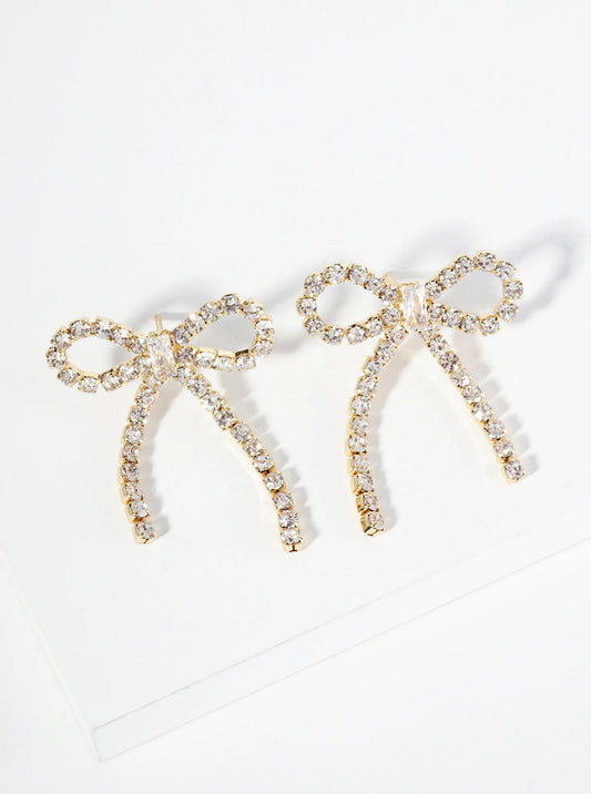 18K Gold Dipped Cubic Zirconia Ribbon Bow Drop Post Earrings